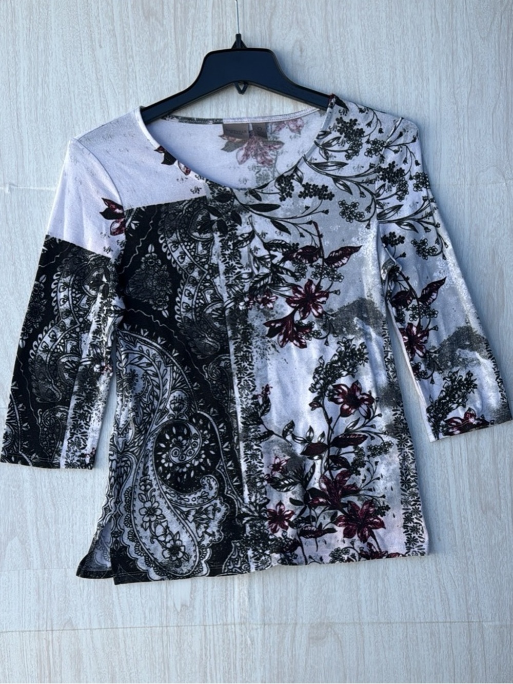 Chico's Mixed-Print Long Sleeve Top - Black, White & Burgundy
